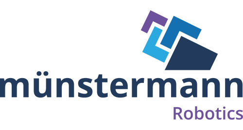 Logo für „münstermann Robotics“ mit geometrischen Formen in Blau- und Violetttönen über dem Firmennamen, wobei „Robotics“ in violetter Schrift unten rechts steht.