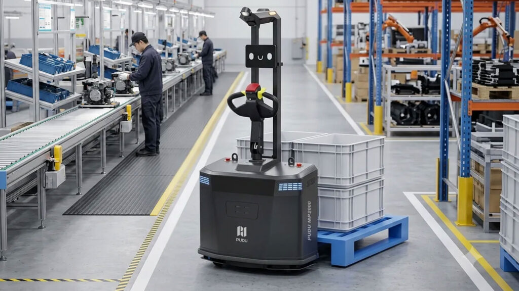 Ein autonomer mobiler Roboter vom Typ PUDU MP2000, der in einer Fabrik einen Stapel Kunststoffkisten auf einer blauen Palette transportiert, während Arbeiter an einem nahegelegenen Fließband arbeiten.