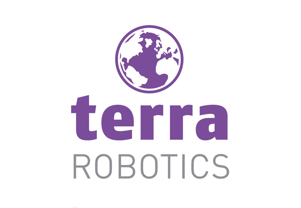 Logo für Terra Robotics mit einem violetten, runden Globus-Symbol über dem Markennamen in violetter und grauer Schrift.
