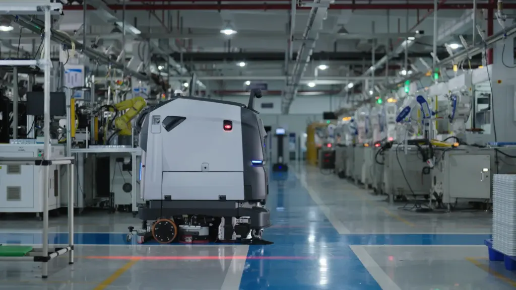 Ein autonomer Bodenreinigungsroboter, der sich durch einen Gang in einer Industriehalle bewegt.